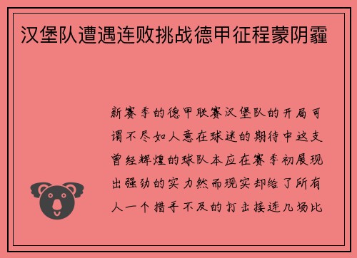 汉堡队遭遇连败挑战德甲征程蒙阴霾