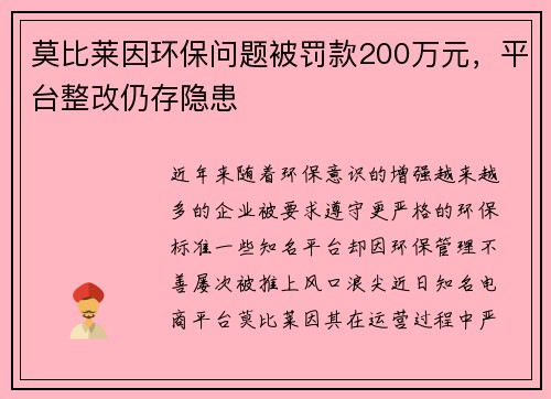 莫比莱因环保问题被罚款200万元，平台整改仍存隐患