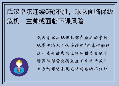 武汉卓尔连续5轮不胜，球队面临保级危机，主帅或面临下课风险