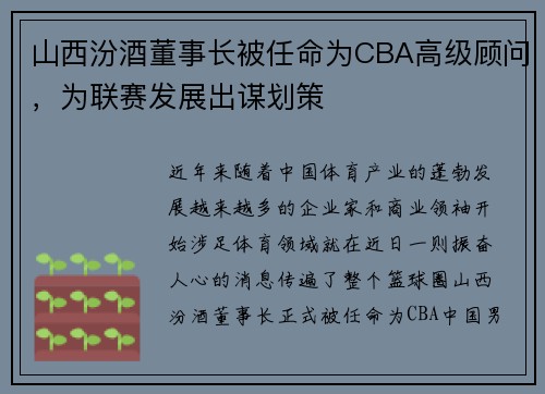 山西汾酒董事长被任命为CBA高级顾问，为联赛发展出谋划策